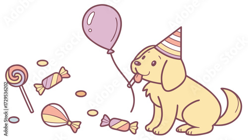 Cute SVG of a Bashful Golden Retriever in Candy Shop colors, featuring with a balloon in a Birthday setting