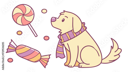 Charming SVG of a Grumpy Golden Retriever featuring with a scarf, styled in a Birthday theme with Candy Shop hues