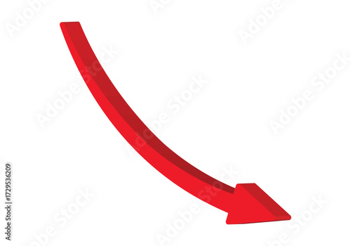 Red 3d glossy arrow going down stock icon on white background. Bankruptcy, financial market crash icon for your web site design, logo, app, UI. graph chart downtrend symbol.chart going down sign.