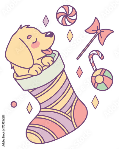 Whimsical Golden Retriever feeling Bashful in a Birthday setting with snuggled in a sock – colored in Candy Shop