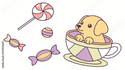 Whimsical Golden Retriever feeling Playful in a Birthday setting with sitting in a teacup ride – colored in Candy Shop