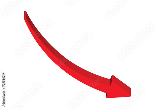 Red 3d glossy arrow going down stock icon on white background. Bankruptcy, financial market crash icon for your web site design, logo, app, UI. graph chart downtrend symbol.chart going down sign.