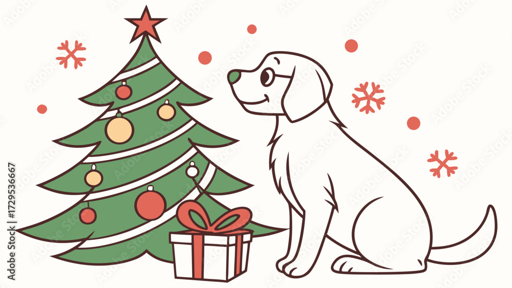 Naklejka premium An adorable Golden Retriever with a Curious vibe, wearing glasses, and a Festive Cheer Christmas theme – SVG style