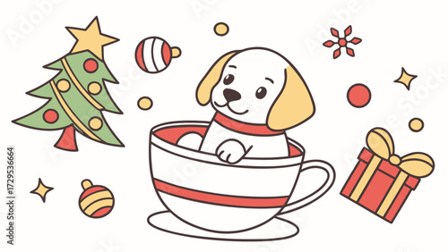 Vector illustration of a Playful Golden Retriever with in a teacup, styled in a Christmas theme using Festive Cheer colors