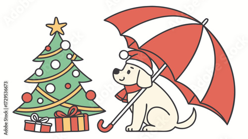 Cute Bashful Golden Retriever, accessorized with under an umbrella, in a Christmas world – Festive Cheer palette vector
