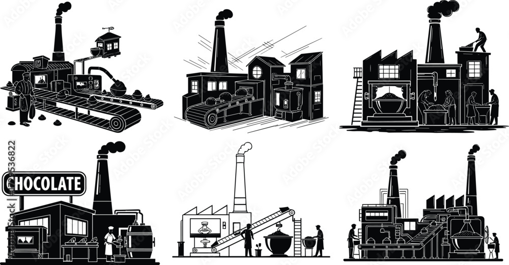Fototapeta premium Chocolate factory, cocoa production, candy plant, sweet industry, dessert manufacturing, confectionery building