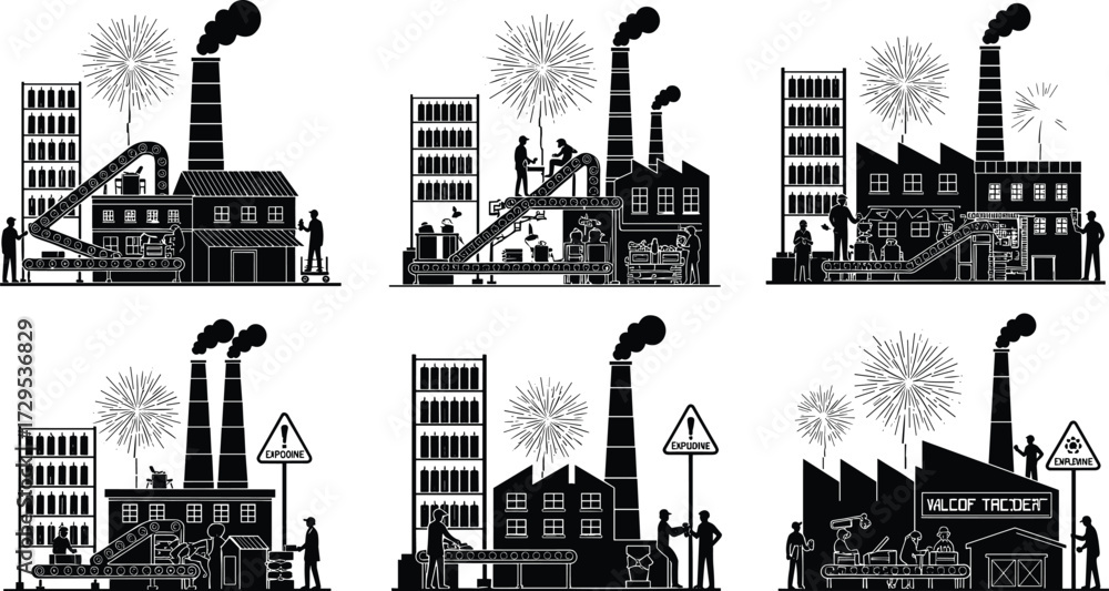 Obraz premium Industrial factory explosion hazard scene, workplace accident safety illustration, black and white vector, warning sign, emergency risk prevention, cad drawing flat vector illustration