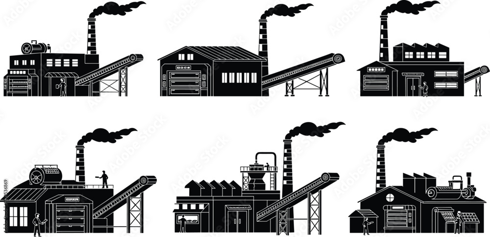 Obraz premium Industrial factory silhouette illustration set, black and white vector, factories with smokestacks conveyors workers vehicles, urban industry facility design, cad drawing flat vector illustration