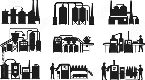 Beverage factory production line silhouettes, bottling plant vector icons, industrial machinery illustration