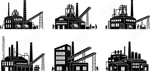 Industrial factory building silhouettes, black and white vector illustration, smokestacks and chimneys