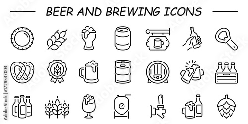 Simple Set of Beer Related Vector Line Icons. Contains such Icons as Barrel, Six-pack, Keg, Signboard, Mug, and more. 