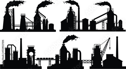 Factory silhouette, industrial building, manufacturing plant, smoke chimney, refinery structure, power station, heavy industry, conveyor belt, storage tanks, cad drawing flat vector illustration
