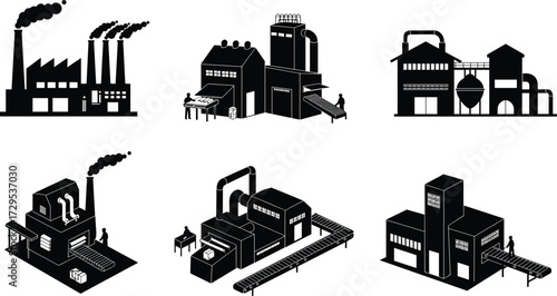 Industrial factory silhouette vector illustration set, black manufacturing plant icons with smokestacks, conveyor belts, storage tanks, pipes, human figures, machinery, urban industry design