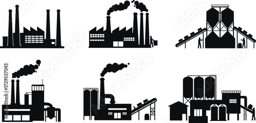 Industrial factory silhouette vector illustration set, black manufacturing plant icons with smokestacks, conveyor belts, storage silos, tanks, piping systems, urban industry design