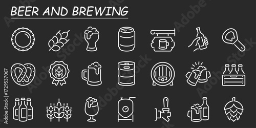 Simple Set of Beer Related Vector Line Icons. Contains such Icons as Barrel, Six-pack, Keg, Signboard, Mug, and more. 
