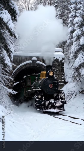 Steam Train Emerging from Tunnel in Snowy Landscape
