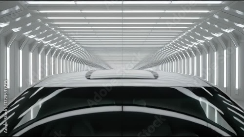 A new white electric car is driving through a futuristic tunnel.