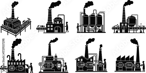 Industrial factory, manufacturing plant, production facility, heavy industry, power station, machinery, workers, automation, conveyor belt, smokestacks, cad drawing flat vector illustration