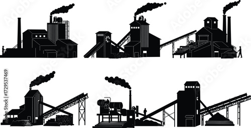 Industrial factory, manufacturing plant, smoke chimney, conveyor belt, workers, machinery, pollution, energy, process, sustainability, ecology, recycle, production