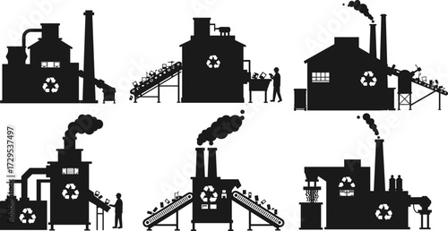Industrial factory, recycling plant, smoke chimney, conveyor belt, workers, machinery, pollution, energy, process, sustainability, ecology, recycle