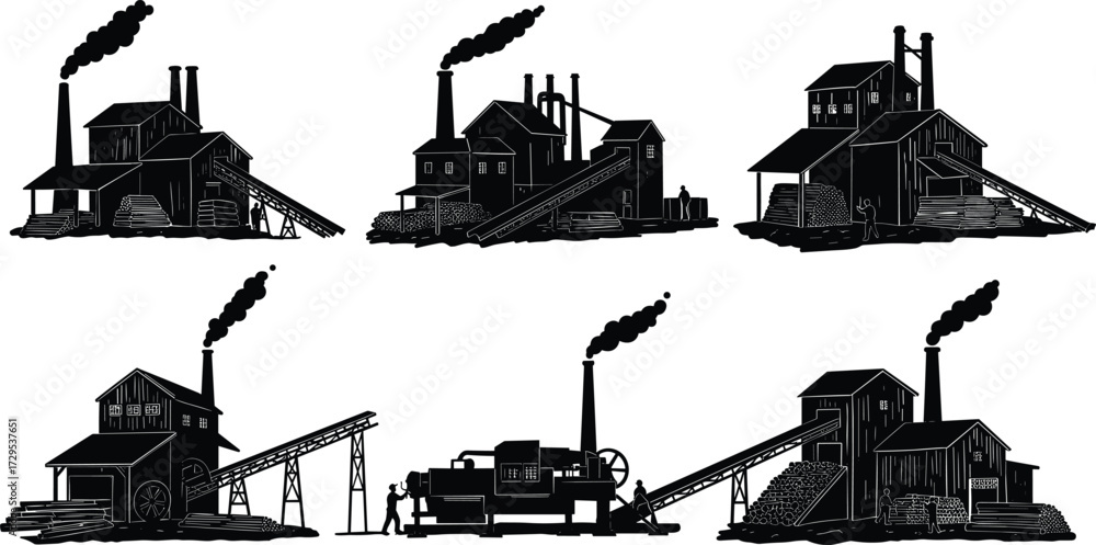 Fototapeta premium Industrial factory silhouette vector illustration, coal and lumber processing plant, smokestacks with smoke, conveyor belt machinery, vintage industry building icons, black silhouette design