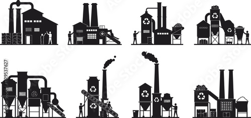 Industrial factory, recycling plant, waste management, eco industry, machinery, conveyor belt, workers, pollution, sustainability
