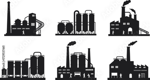 Industrial factory silhouette, manufacturing plant, production facility, heavy industry, smokestacks, refinery, machinery, workers, pipelines, storage tanks, cad drawing flat vector illustration