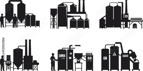 Industrial machinery silhouettes with workers, factory process vector icons, chemical plant illustration, manufacturing equipment design, production line artwork, black industrial silhouette set