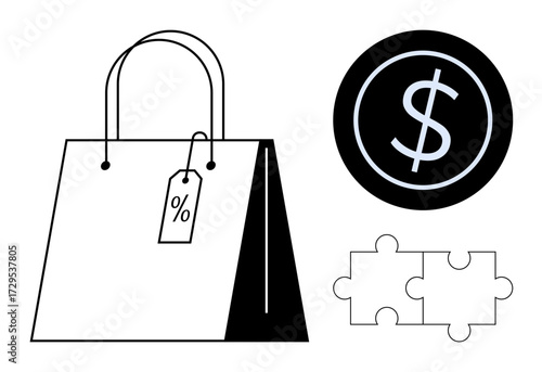 Shopping bag with a discount tag, dollar coin indicating financial value, and puzzle pieces symbolizing solutions and strategy. Ideal for sales, discounts, finance, e-commerce, budgeting, marketing