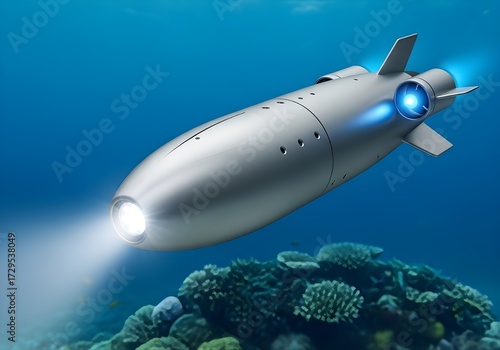 Wallpaper Mural Conceptual illustration of a robotic submarine with light beams exploring marine life on a deep ocean coral reef using advanced technology Torontodigital.ca
