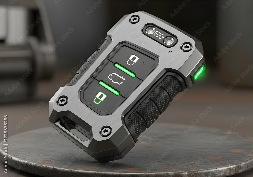 Fototapeta premium Advanced futuristic car smart key with a rugged tactical design, featuring illuminated green buttons for vehicle access and security on an industrial background