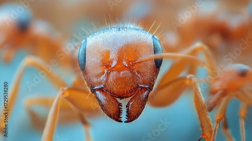 Close-up view of a vibrant red ant, showcasing intricate details and textures.