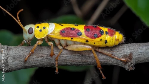 Close-up of a vibrant, spotted insect resting on a twig.