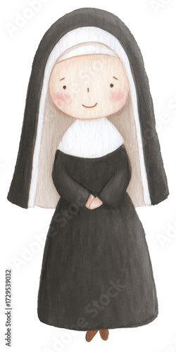 Cute illustration of a smiling nun wearing traditional attire standing with hands clasped isolated on transparent background.