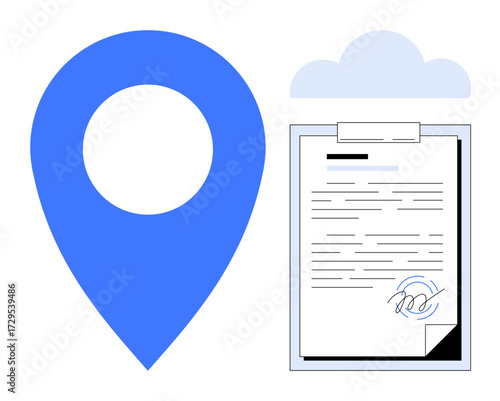 Blue location marker beside clipboard with signed document and cloud. Ideal for contracts, remote work, location data, logistics, digital security, cloud storage, online services. Simple flat