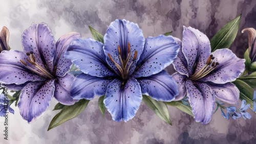 Delicate arrangement of purple lilies, rendered with meticulous detail, creating a beautiful floral border.