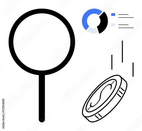 Magnifying glass near data chart and falling coin symbolizes financial analysis, growth, and discovery. Ideal for business, strategy, economy, research, audit innovation focus concepts. Simple flat