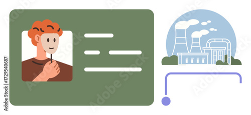 Profile photo on ID card linked to industrial facility illustrating identification and industry. Ideal for identity, workplace, environment, industry, technology, safety, sustainability. A simple