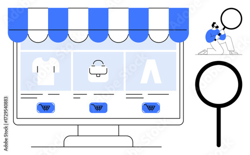 Desktop screen displaying online storefront highlights apparel and cart icons. Individual explores products under magnifying glass. Ideal for retail, shopping, e-commerce, business, technology