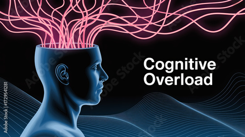 Cognitive Overload: A human head illustration with an open top, emitting streams of energy that symbolize the effects of cognitive overload.