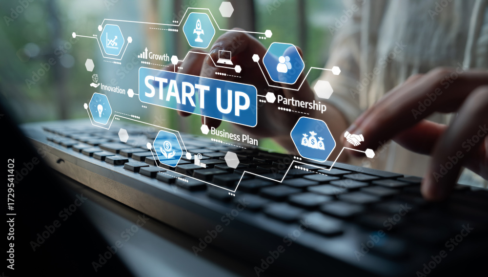 Fototapeta premium A close-up image depicting hands typing on a keyboard with visual elements highlighting start up concepts, including growth, innovation, and partnership in a modern workspace. Tessel