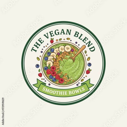 Colorful vector logo with smoothie bowl topped with berries, nuts, and chia seeds in circular badge, fresh natural tones.