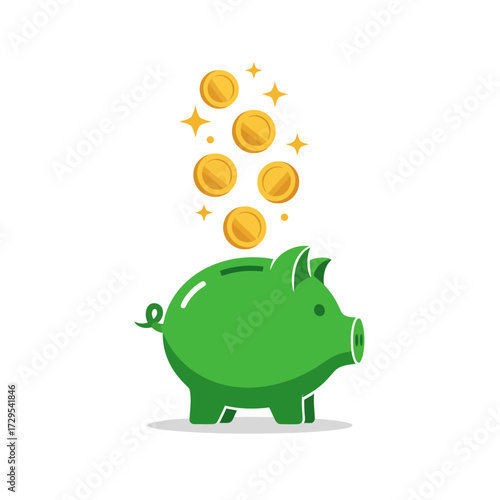 Vector logo of a piggy bank with floating coins and sparkles above it, savings and prosperity, flat vector, gold and green tones, white background.