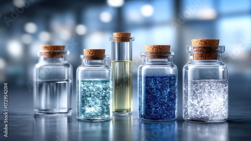 Laboratory Glassware with Colorful Liquids on Tabletop in Blurred Background Cinematic Lighting Science Investigation Experiment Equipment