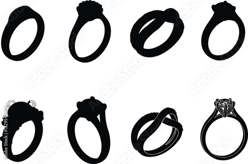 Ring silhouettes collection, jewelry design variety, gemstone engagement rings, wedding bands, fashion accessories, luxury style, elegant shapes, vector illustration set