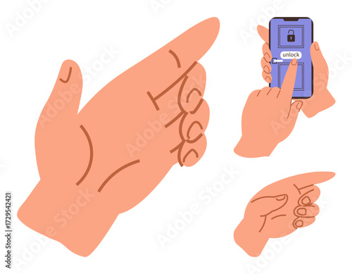 Hand gestures showing pointing, unlocking smartphone, and interaction. Ideal for technology, accessibility, communication, user interface, mobile device usage, interaction design simple flat
