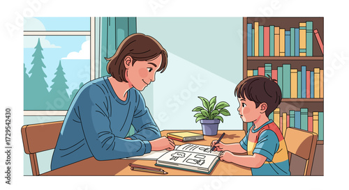 Mother and son actively learning at home, a cozy family education moment. Vector illustration SVG isolated on transparent background.
