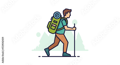 Outdoor enthusiast hiking with backpack and walking stick through mountains. A dynamic flat SVG vector illustration isolated on transparent background.