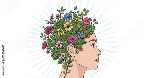 Woman's head profile blossoming with colorful flowers and leaves. Vector SVG for mental health, growth, nature, isolated on transparent background.