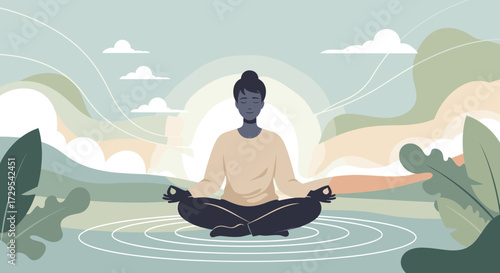 Mindful woman meditating in lotus position, achieving inner calm and balance in a serene abstract landscape. SVG vector illustration isolated on a transparent background.